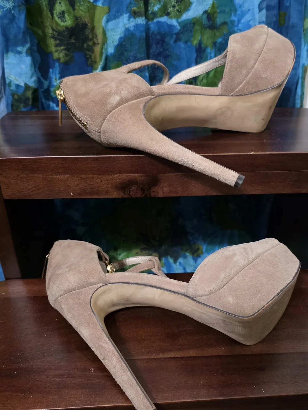 Michael Kors Taupe Suede Platform T-Strap Heels